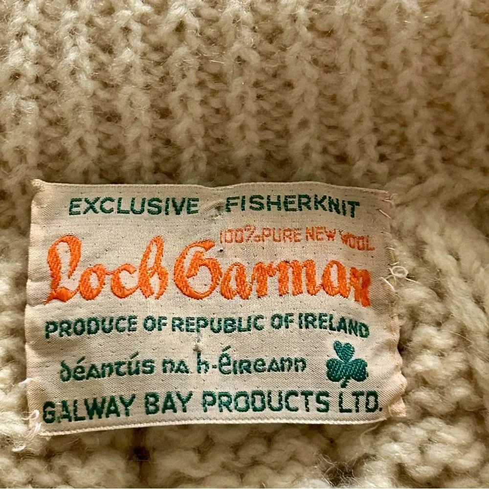 Loch Garman Ireland Fisherman Sweater Ivory Wool cardigan Full Zip L Unisex Aran